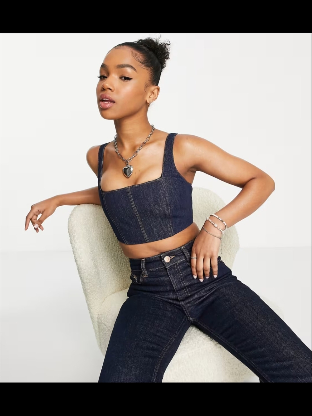Pull&Bear Dark Blue Denim Cropped Bustier Top